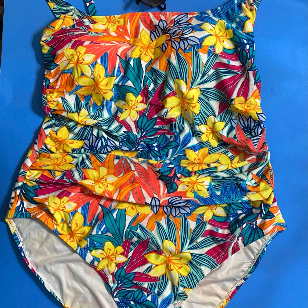 Caribbean Joe Women’s Floral Yellow, Blue and Orange One Piece Swimsuit NWT
